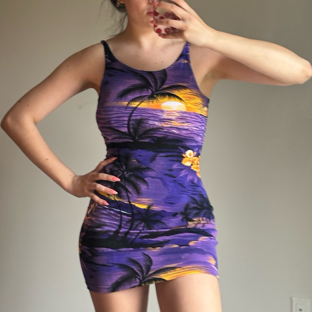 Vintage 90s palm tree sexy mini bodycon summer dress